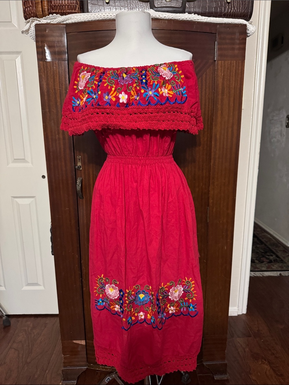 Red Off-Shoulder Embroidered Dress
